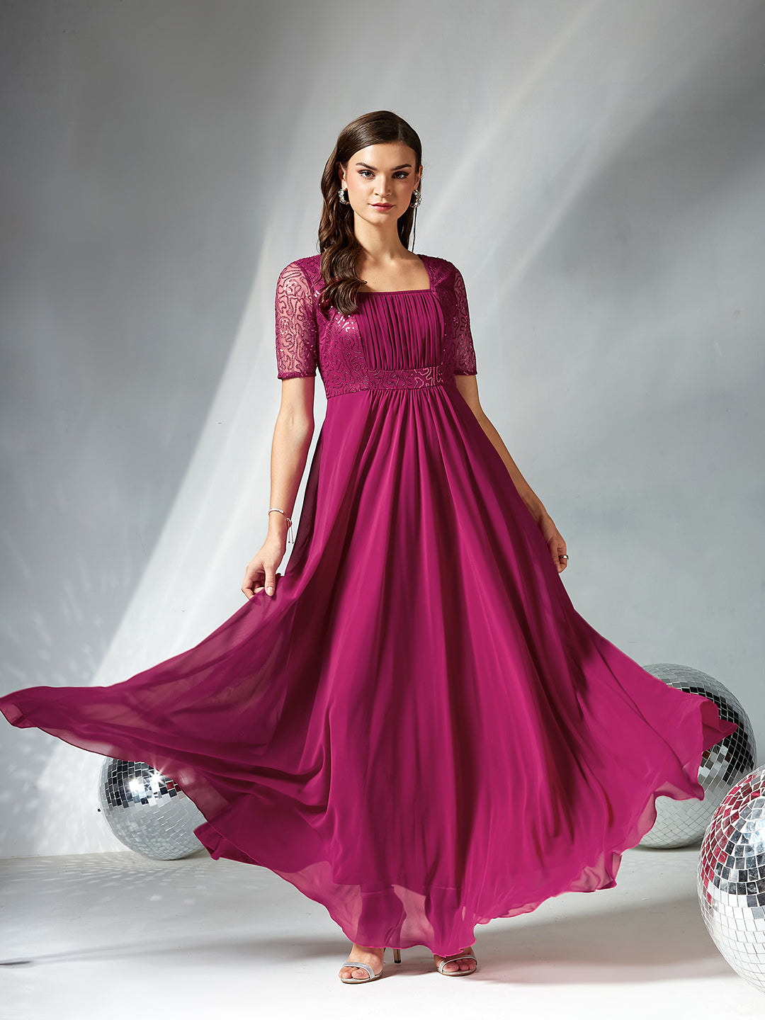 Dusty Pink Square Neck Half Sleeve Solid Embellished Maxi Dress for Women