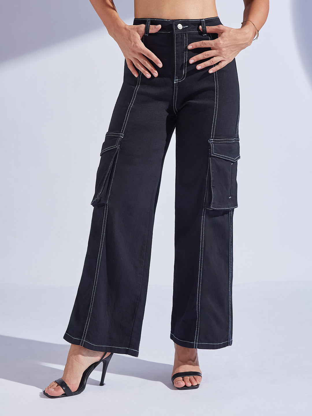 Women's Black Wide-Leg High-Rise Clean-Look Regular-Length Stretchable Patch-Pocketed Denim Jeans