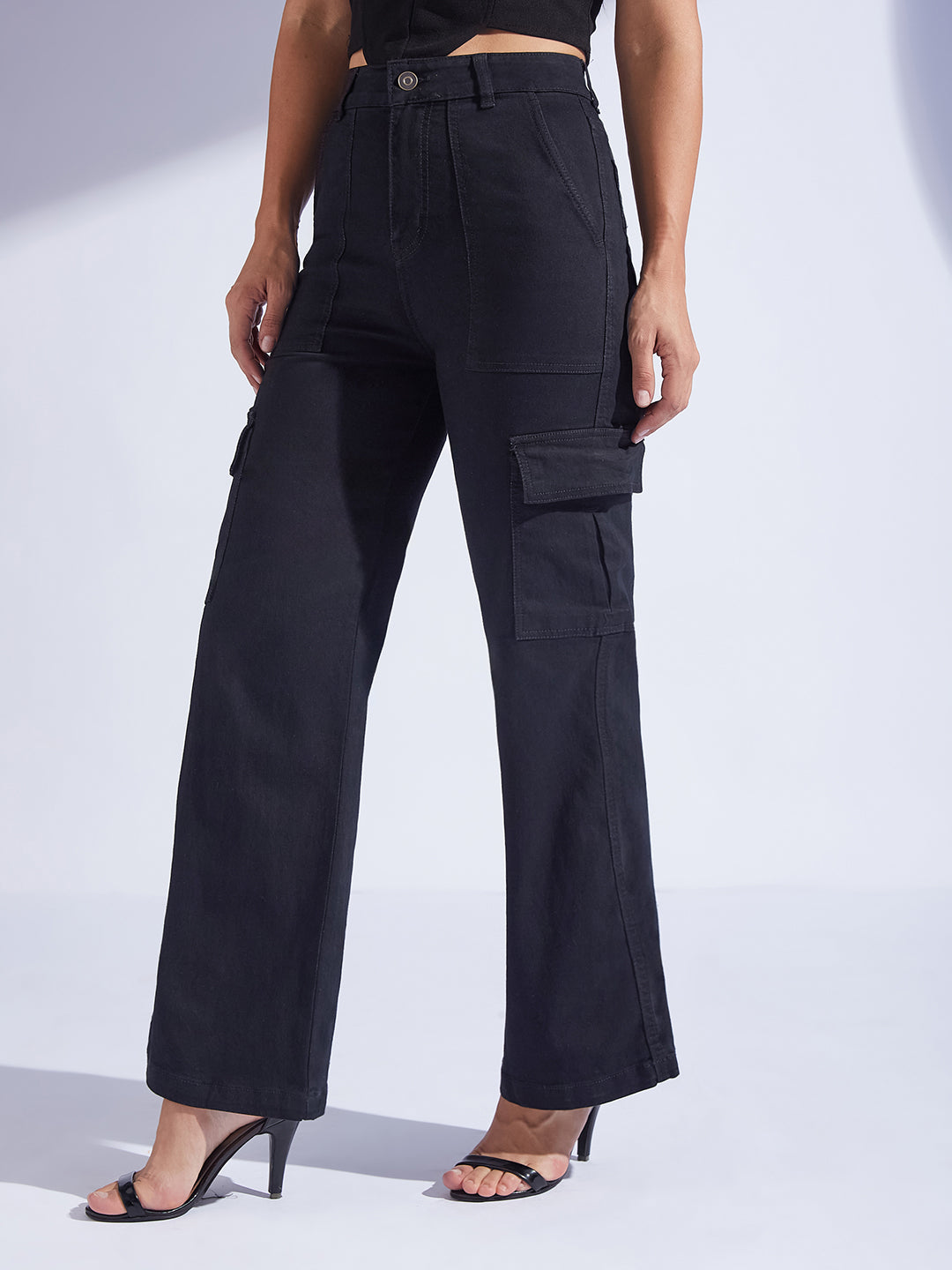 Women's Black Wide-Leg High-Rise Stretchable Denim Jeans