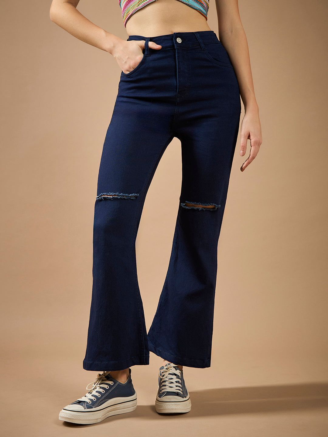 Women's Navy Blue Bootcut High-Rise Clean-Look Regular Stretchable Denim Jeans