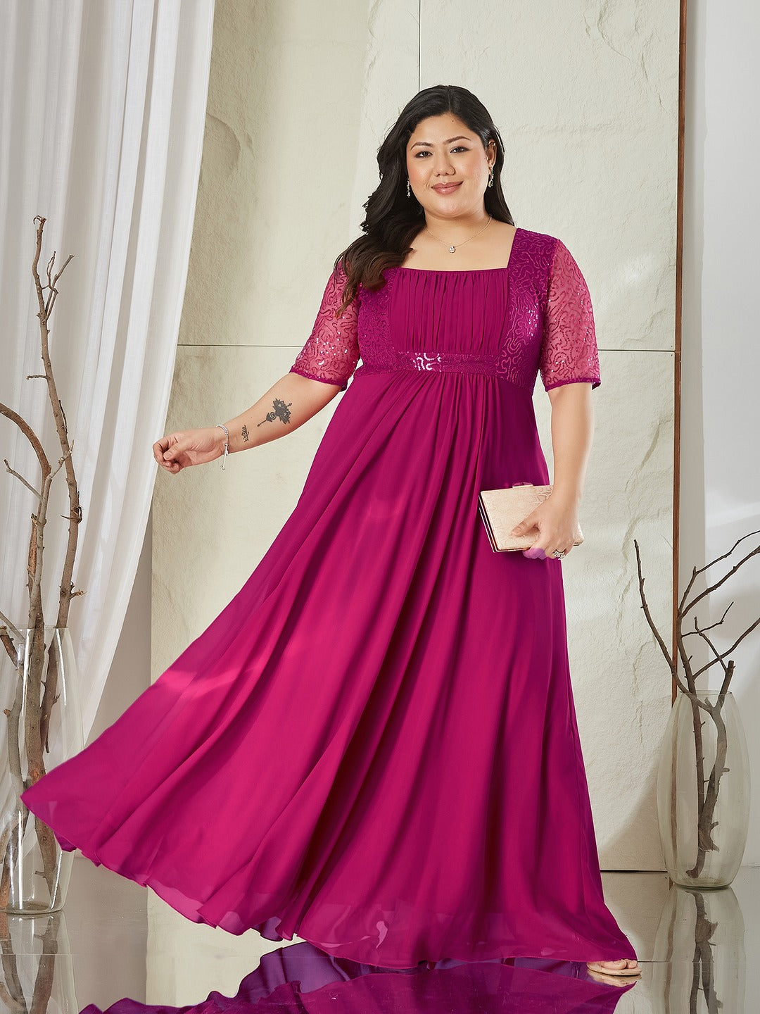 Dusty Pink Square Neck Half Sleeve Solid Embellished Maxi Dress for Women