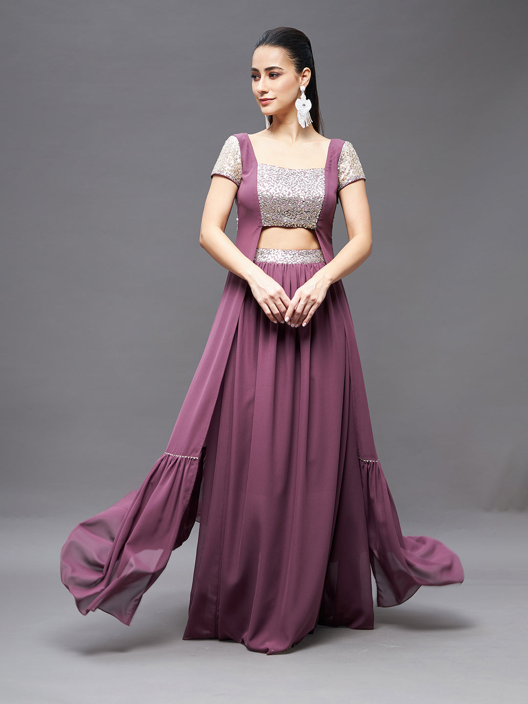 Women's Mauve Embellished Square Neck Short Sleeves Waist Band Pocketed Tiered Maxi Co-Ord Set.