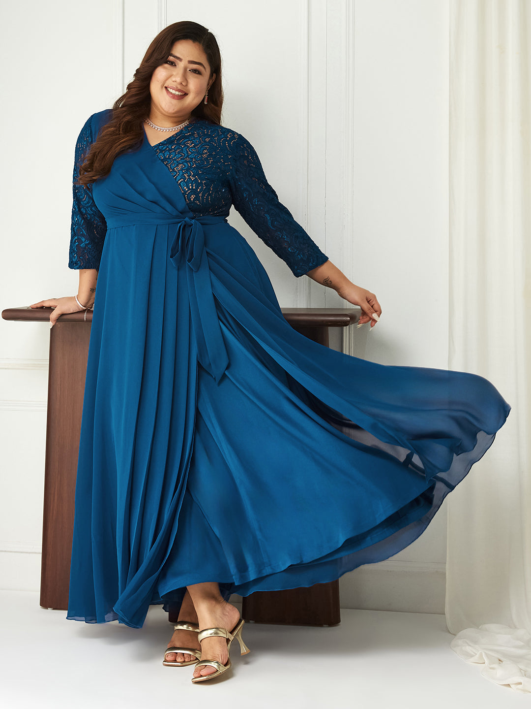 Women's Royal Blue V-Neck 3/4 Sleeve Wrap Georgette Maxi Dress