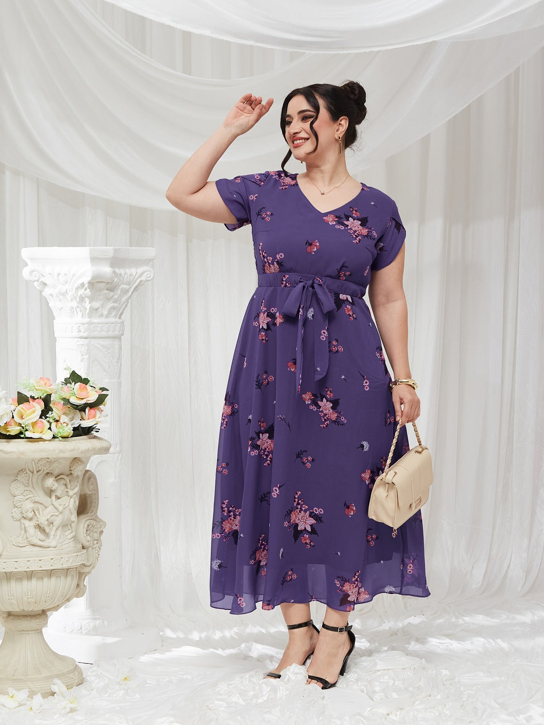 Lavender V-Neck Short Sleeve Floral Pleated Midi Dress for Women