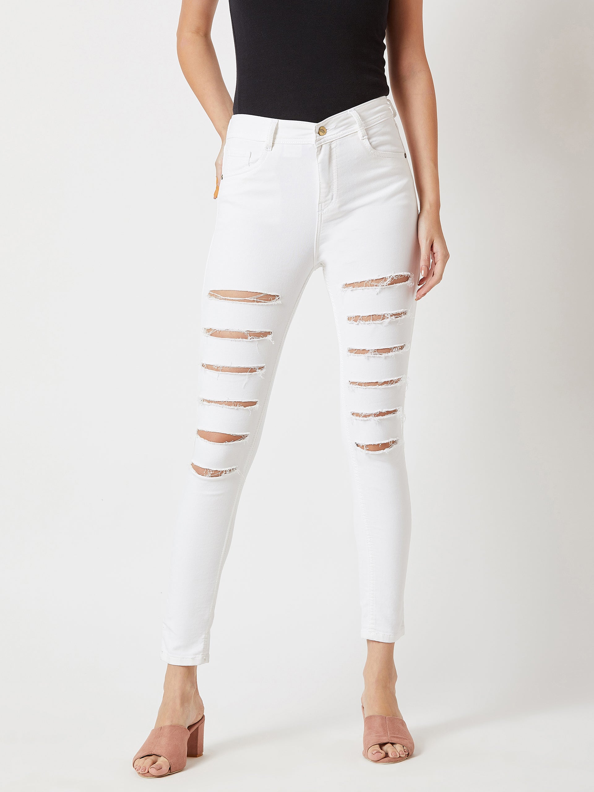 Women's White Skinny High Rise Ripped Regular length Stretchable Denim Jeans