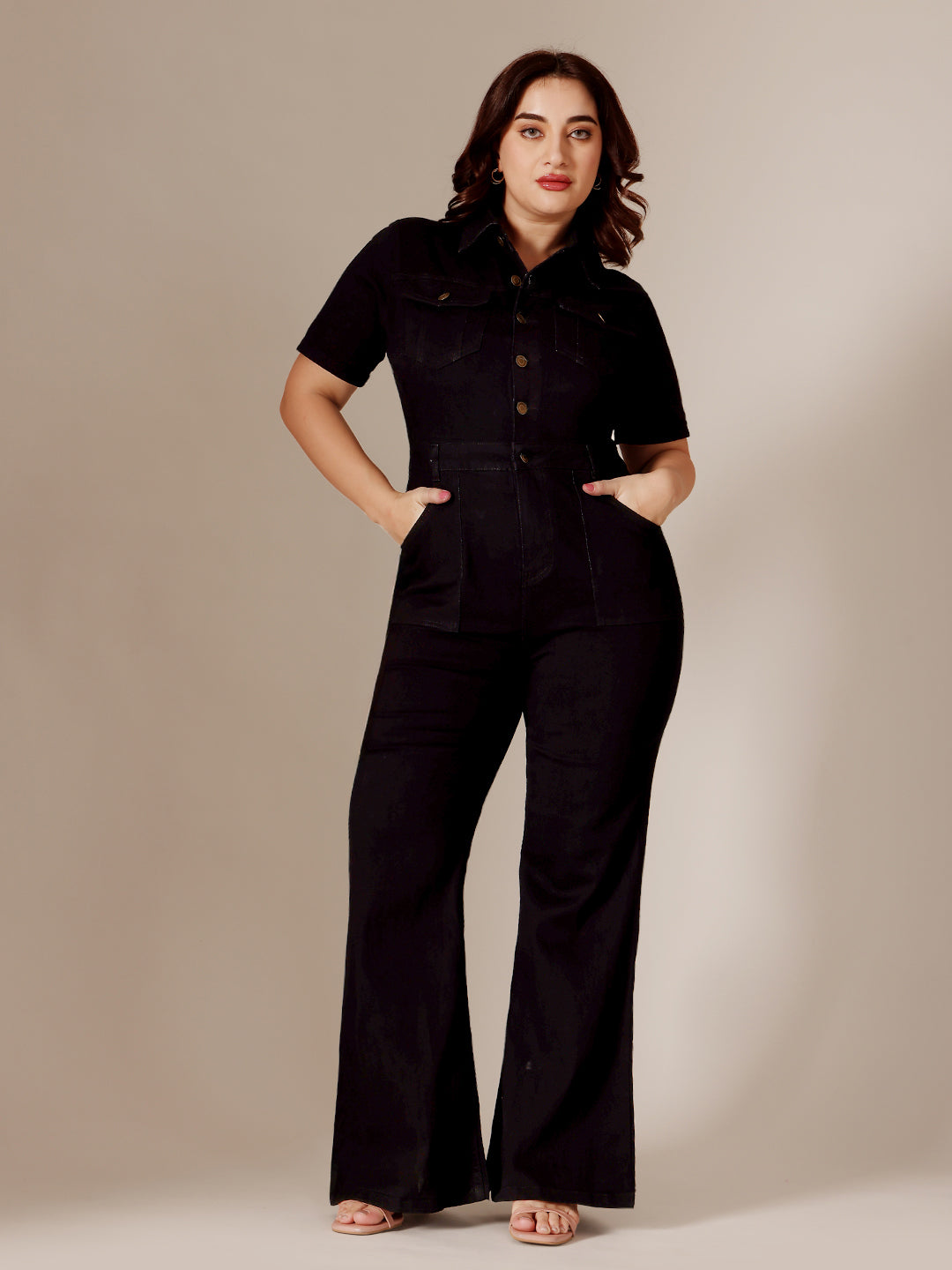 Black Flared High-Rise Stretchable Denim Jumpsuit with Collared Neck and Multiple Pockets, Regular Length for Women — Miss Chase A+