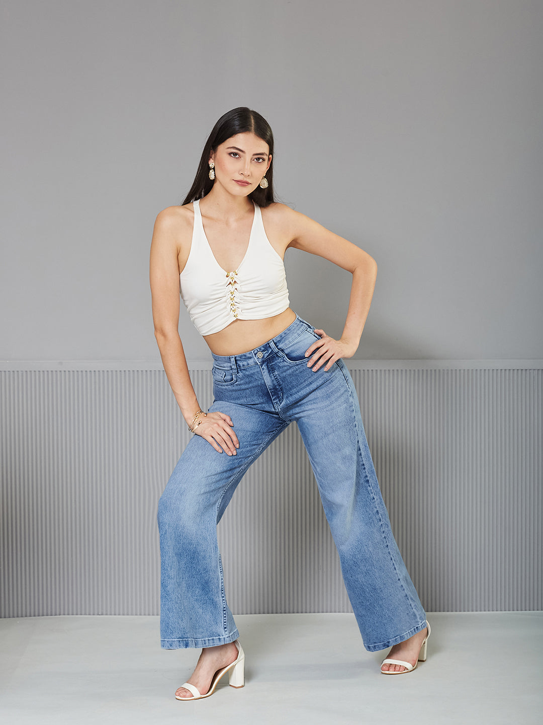 CHASEshape™ Light-Blue Wide-Leg High-Rise clean-look Regular-Length Stretchable Denim Jeans for Women