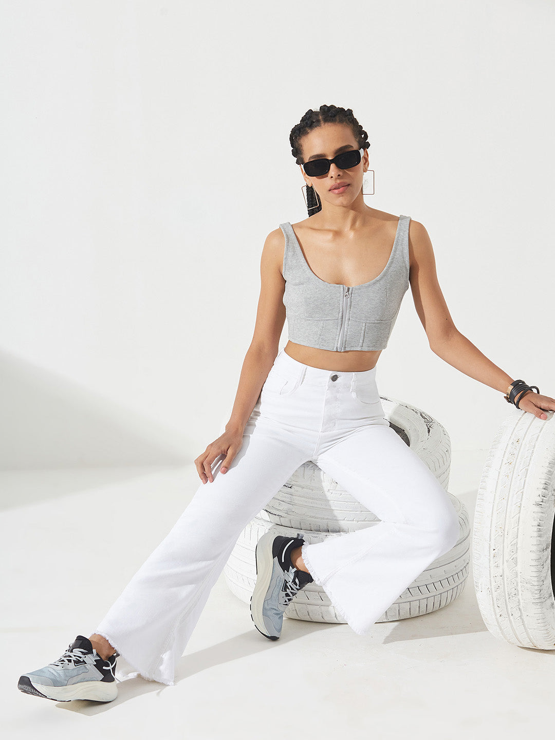 White Bootcut High-Rise Stretchable Denim Jeans for Women