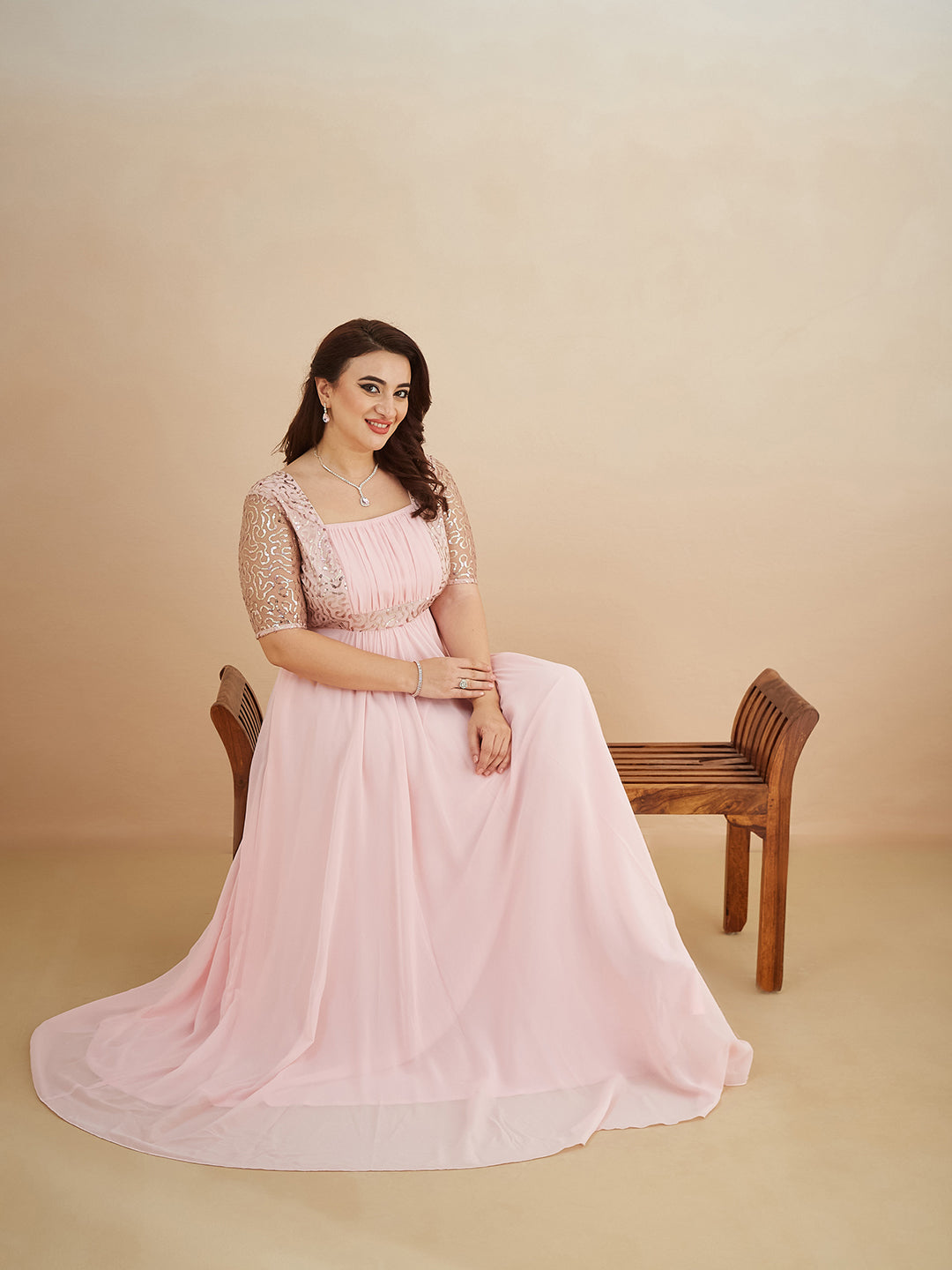 Dusty Pink Square Neck Half Sleeve Solid Embellished Maxi Dress for Women