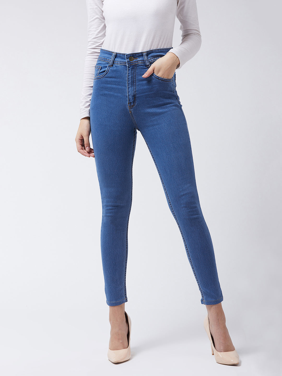 Women's Blue Skinny High-Rise Distressed Cropped Denim Jeans