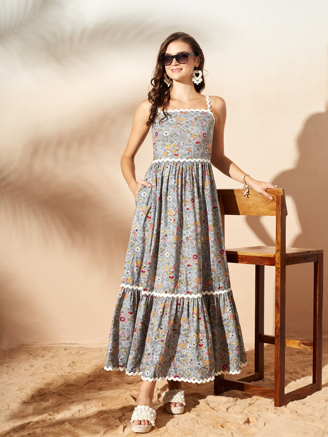 Grey Bohemian Multicolored Tiered Maxi Dress with Square Neck and Smocked Back for Women