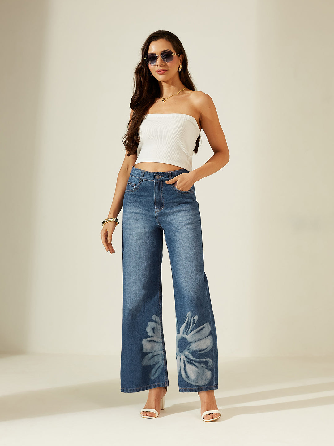 Navy Blue Wide-Leg High-Rise Denim Jeans with Hand-Painted Floral Motif Artwork for Women