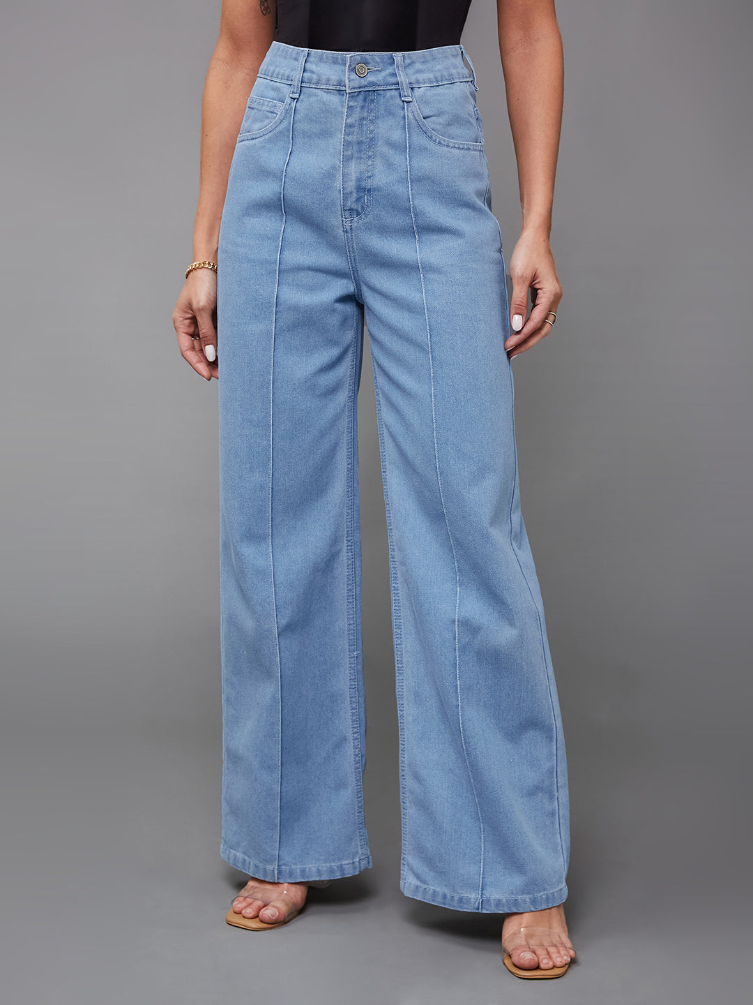 Women's Light Blue Straight-Fit High-Rise Clean-Look Regular-Length Non-Stretchable Denim Jeans