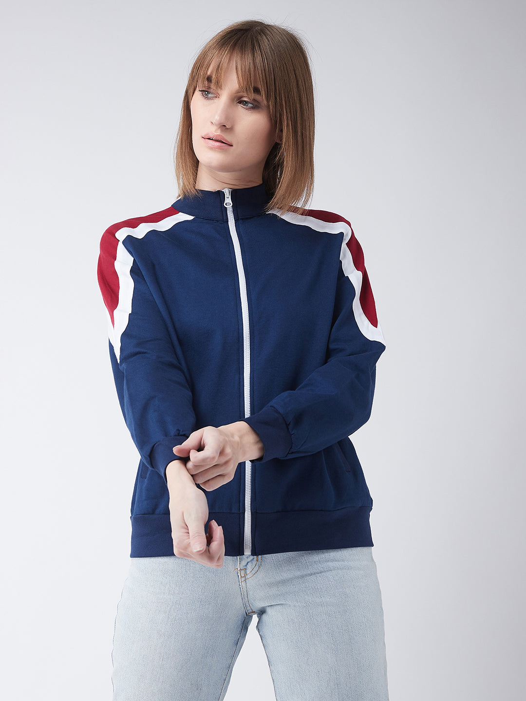 Women's Multicolored-Base-Navy Blue Turtle-neck Full sleeves Solid Color-Block Regular Jacket