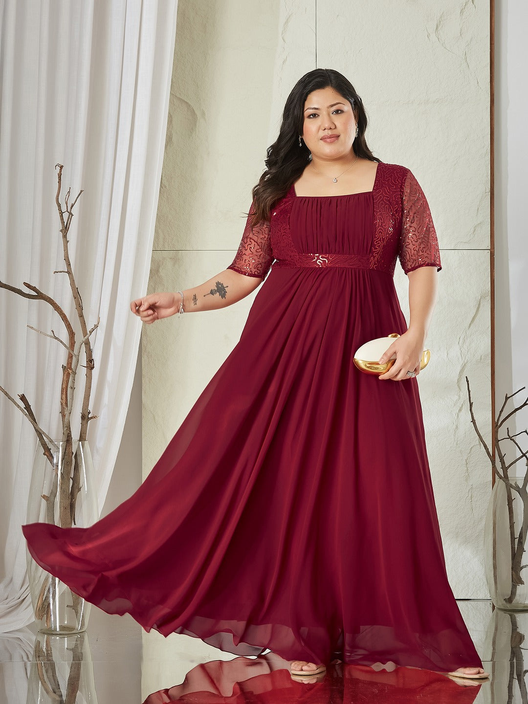 Maroon Square Neck Half Sleeve Solid Embellished Maxi Dress for Women