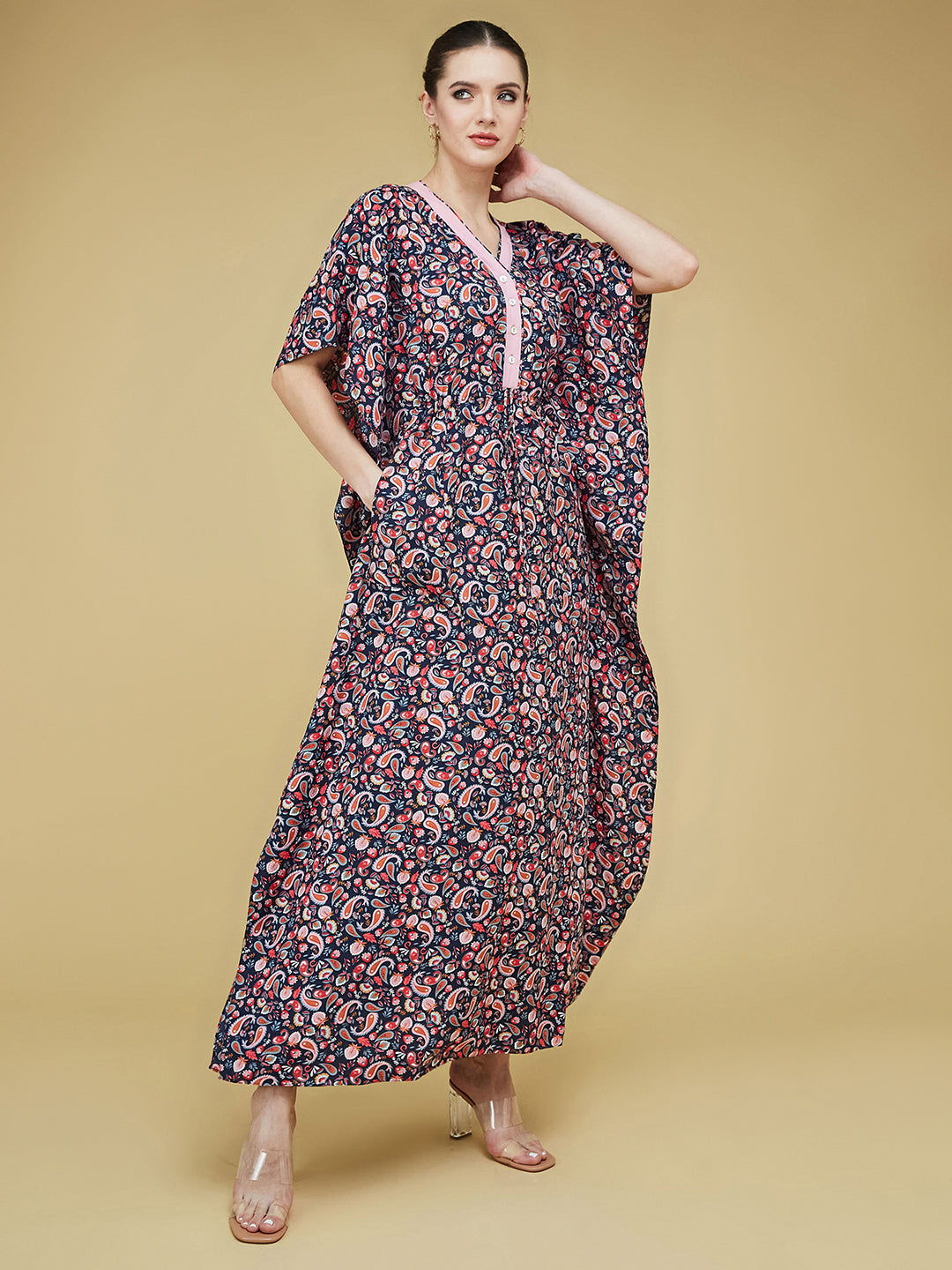 Women's Navy Blue and Pink V Neck 3/4 Sleeve Printed Front Placket Maxi Kaftan Dress