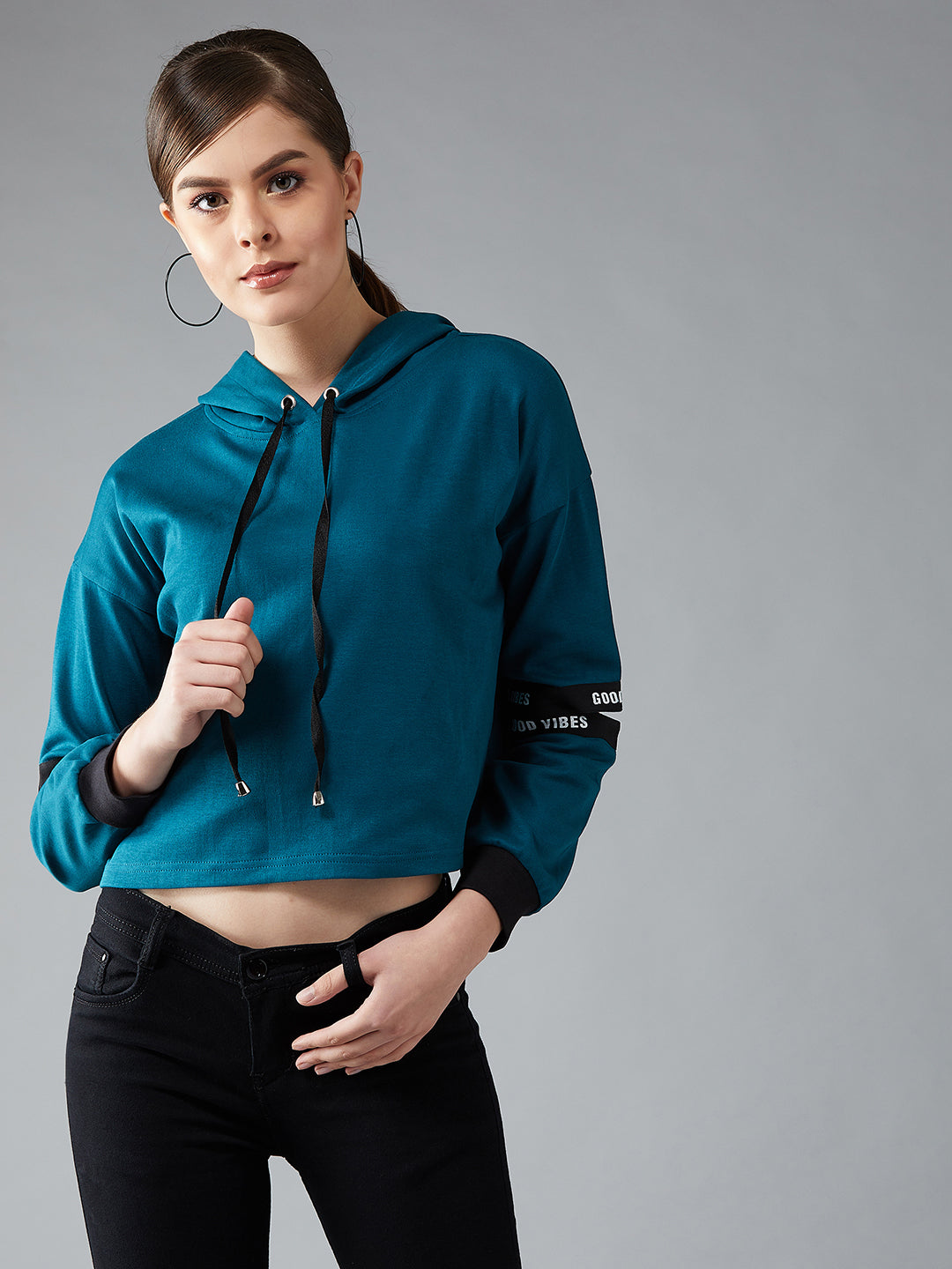 Women's Turquoise Blue Hooded Full Sleeves Solid Boxy Drawstring and Eyelet Detailing Cropped Sweatshirt