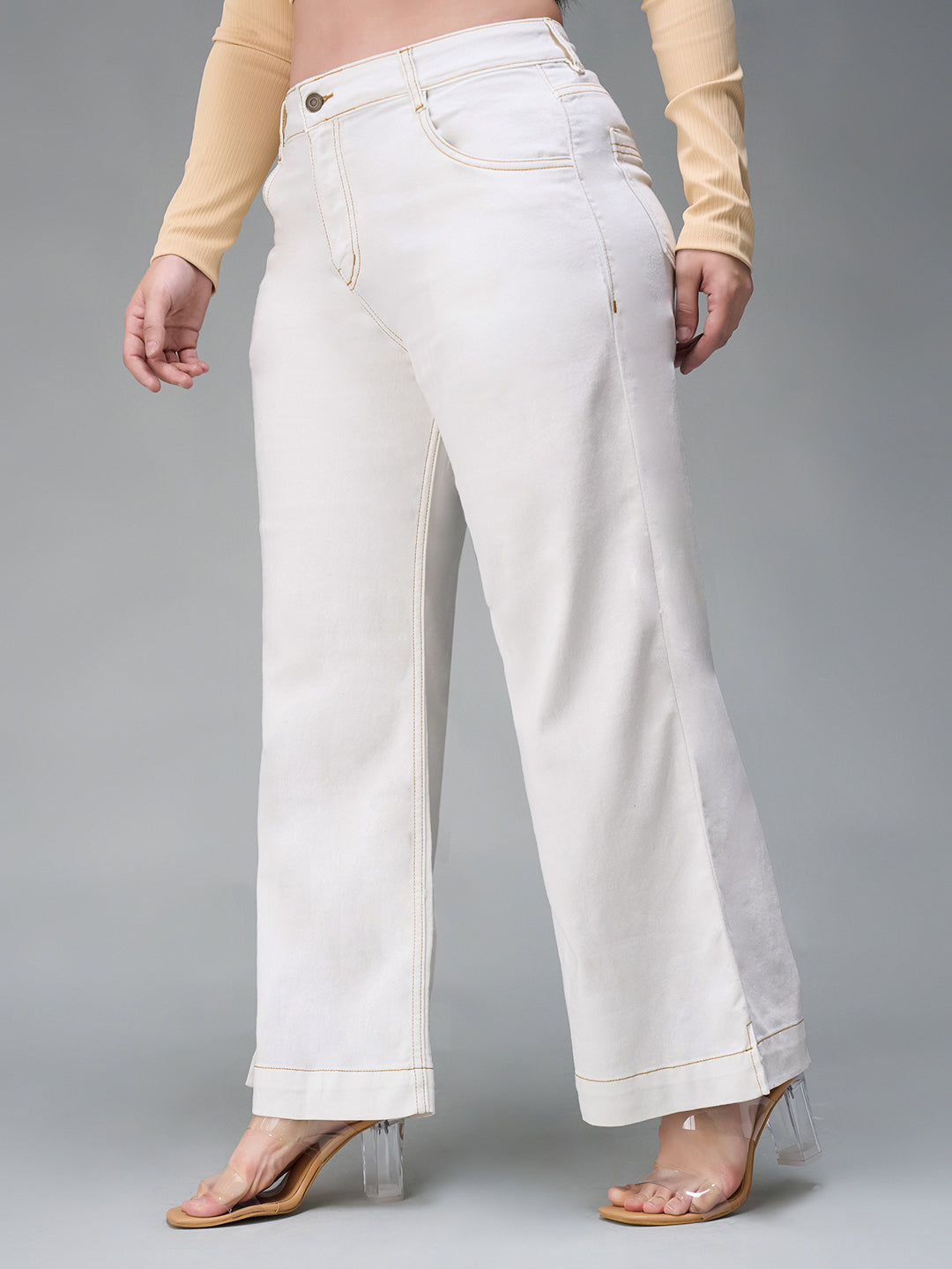 Women's White Flared Mid Rise Ankle length Stretchable Denim Jeans