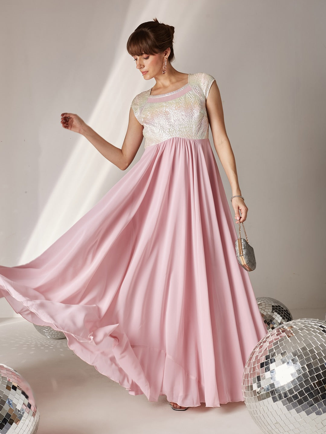 Dusty Pink Round Neck Raglan Sleeve Self-Designed Fit & Flare Georgette Maxi Dress for Women