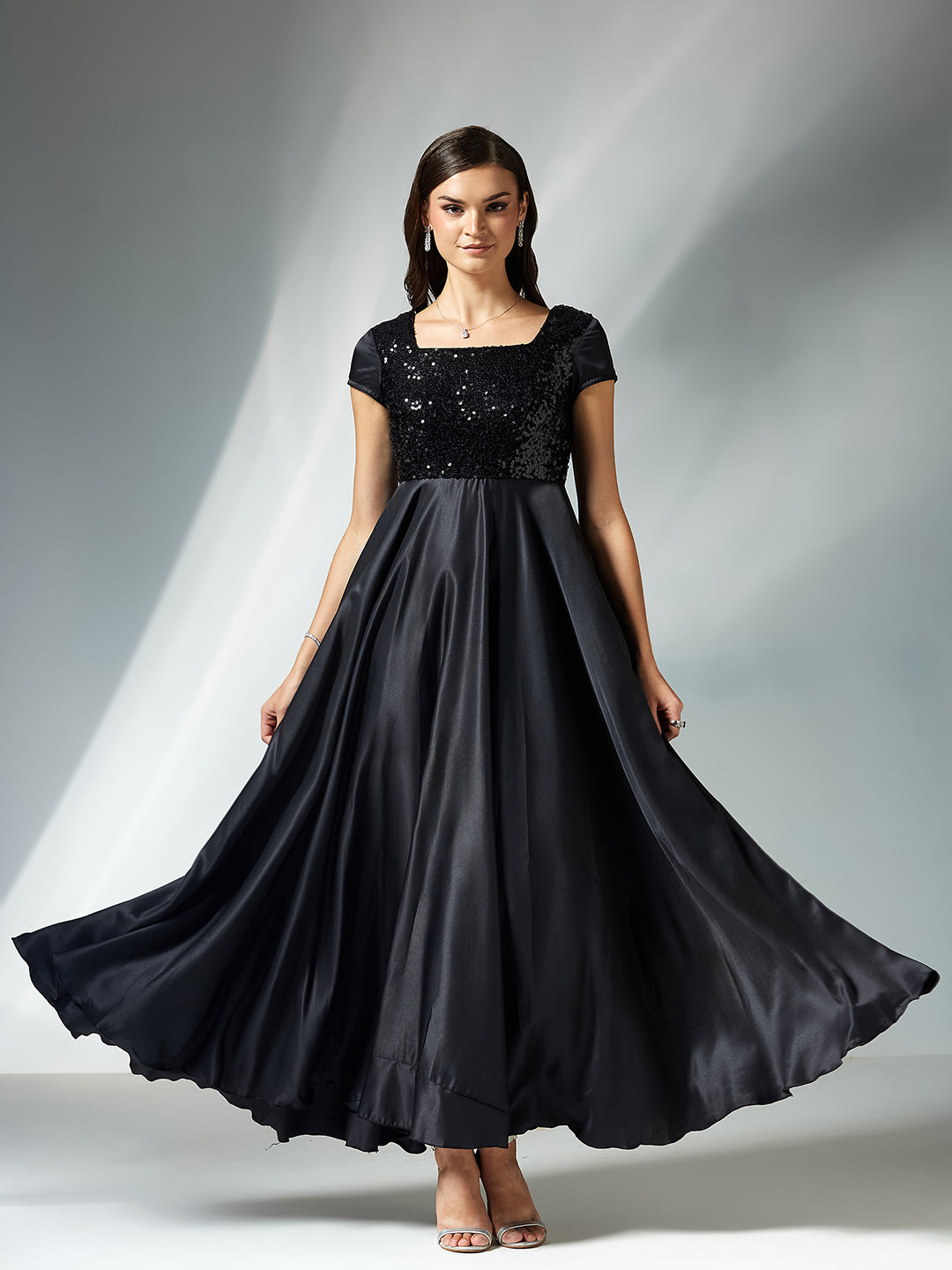 Women's Black Square Neck Short Sleeve Embellished Polyester Fit & Flare Maxi Dress