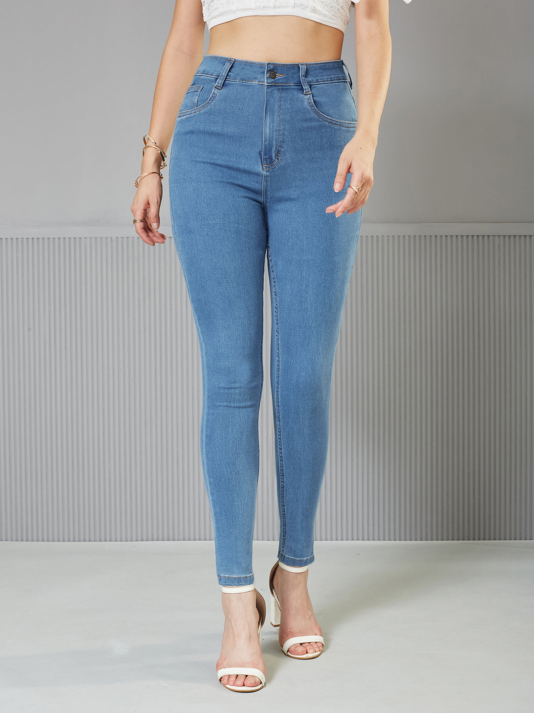 24/7 Comfort Blue Solid Skinny-Fit High-Rise Cropped Fringe Detailing Solid Stretchable Denim Jeans for Women