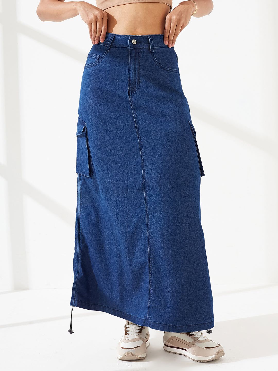 Navy Blue Baggy High-Rise Ruched Parachute Stretchable Denim Midi Skirt for Women