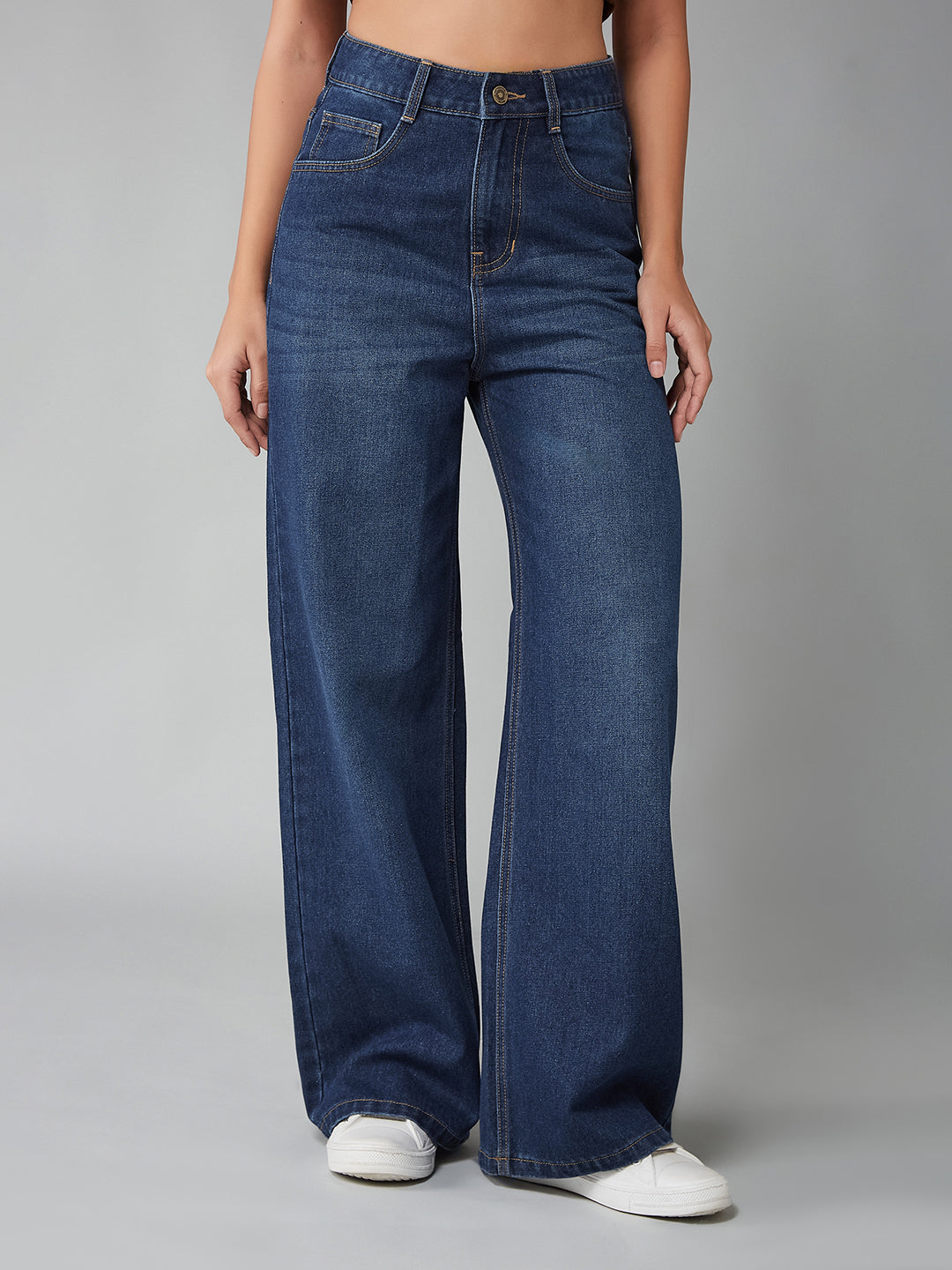 Women's Navy Blue Wide-Leg High-Rise Clean-Look Regular-Length Denim Jeans