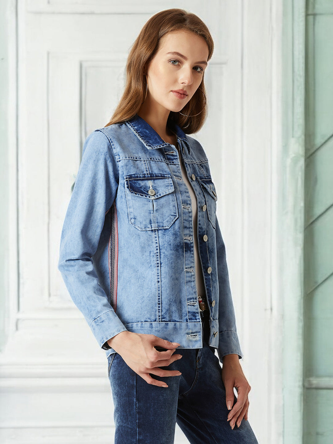 Women's Light Blue Collared Full Sleeve Denim Multicolored Twill Tape Detailing Denim Jacket