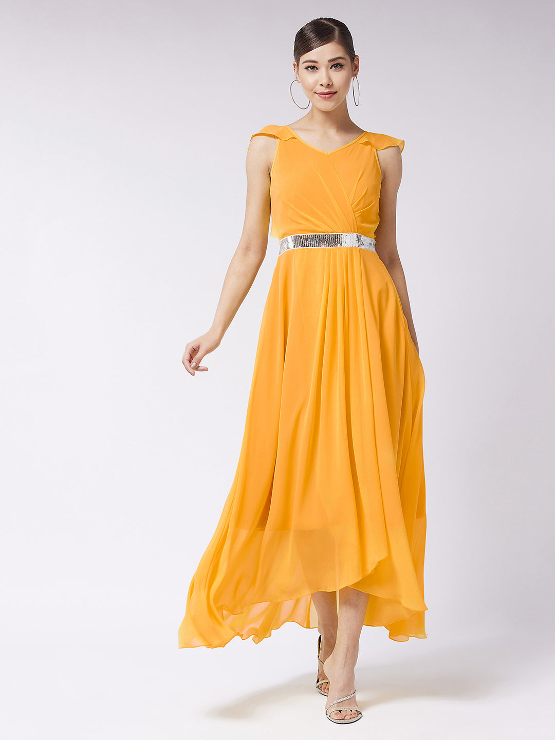 Women's Mustard V-Neck Ruffled Sleeve Silver Sequined Party Maxi Dress