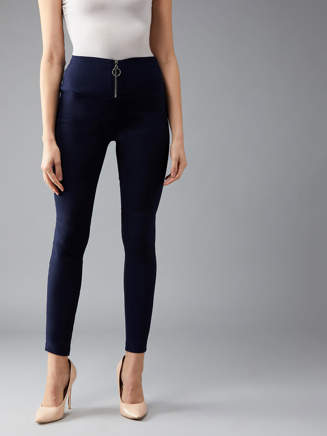 Women's Navy Blue Solid Skinny Zippered High Waist Regular Length Treggings