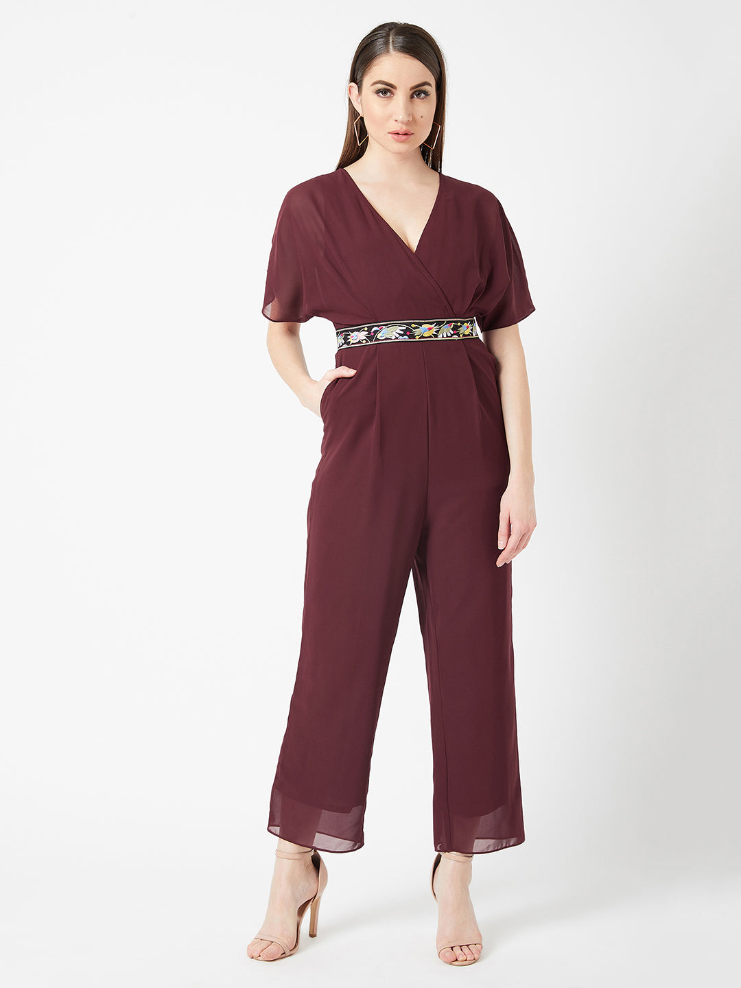 Women's Wine Red V-Neck Flared Solid Regular Length Jumpsuit