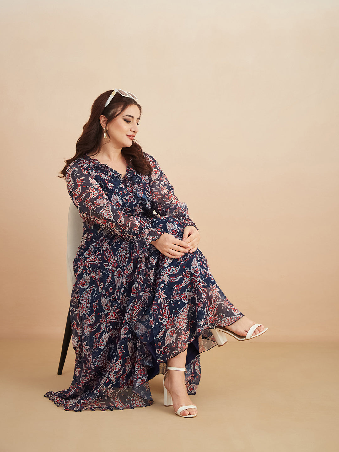 Multicolored-Base-Navy-Blue V Neck Full Sleeves Polyester Relaxed Fit Midi Length Dress for Women