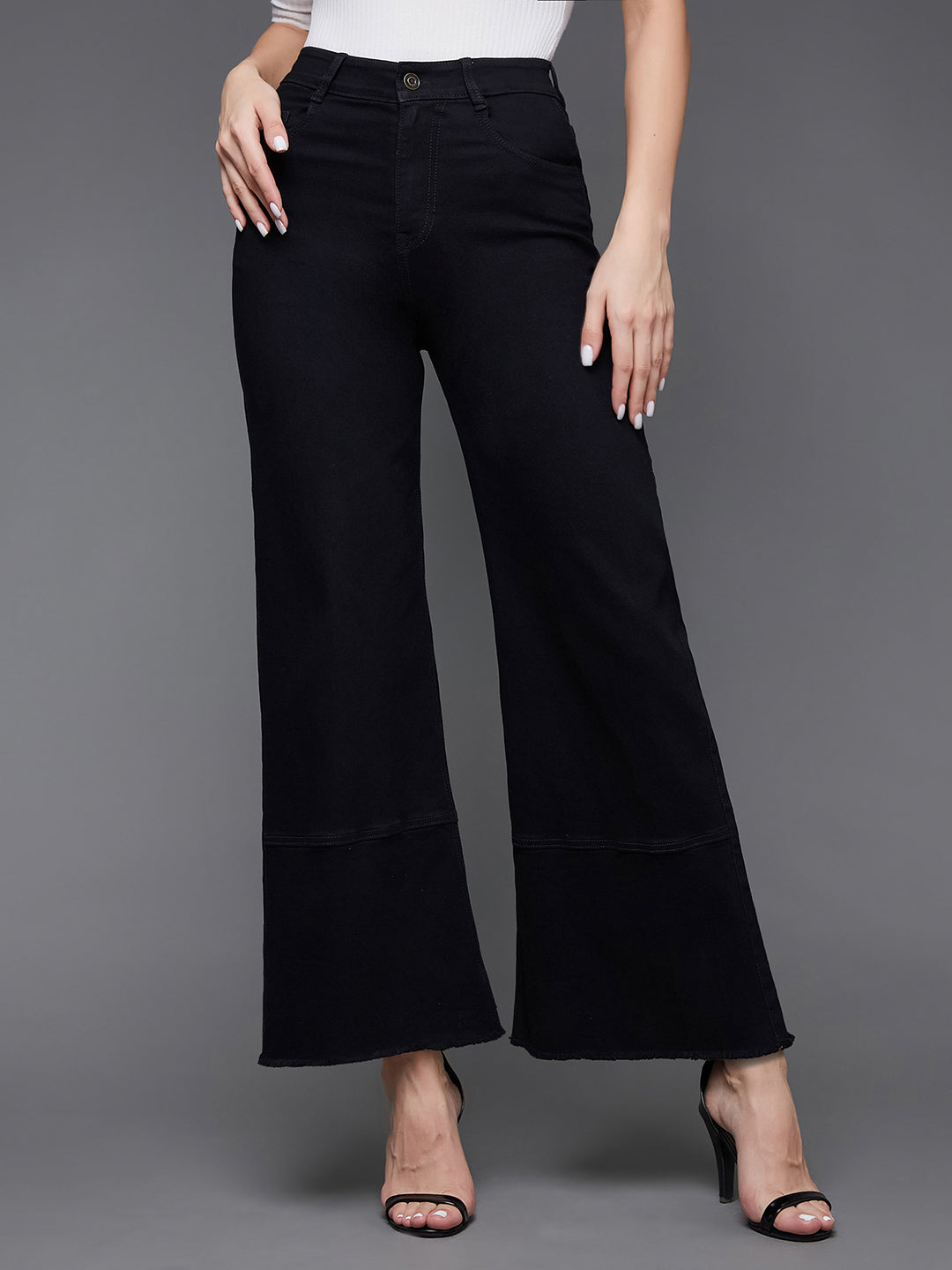 24/7 Comfort Women's Black Wide Leg High Rise Clean Look Regular-Length Stretchable Denim Jeans