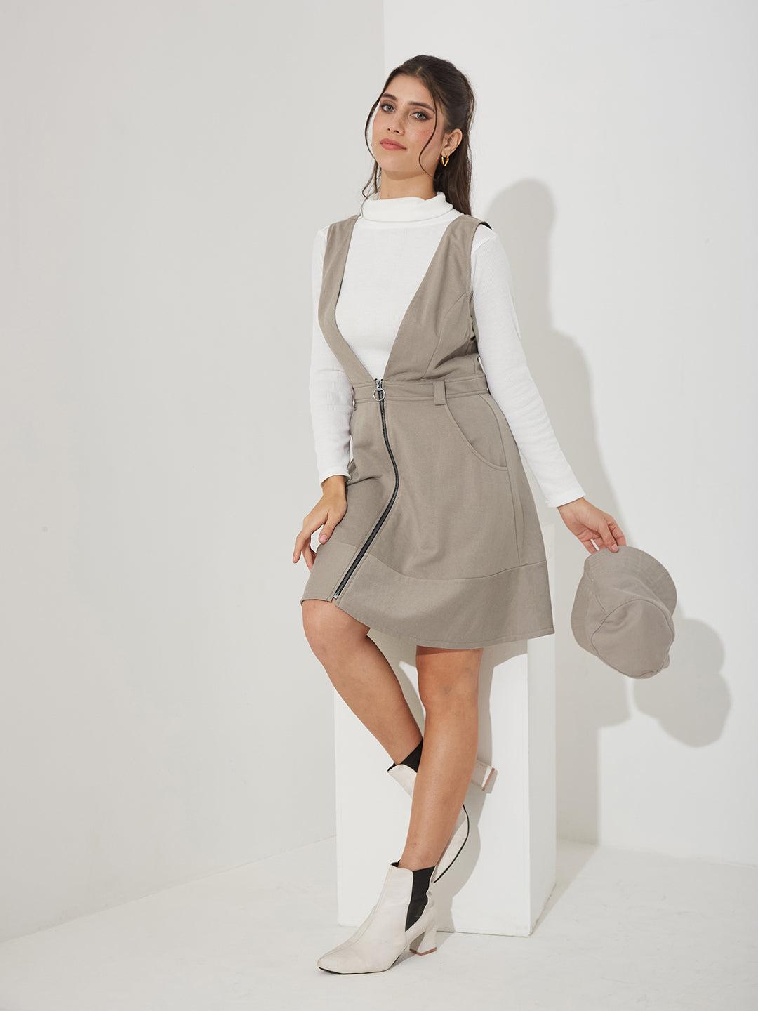 Grey Solid Polyester Pinafore Dress with Zipper Detail and Side Pockets for Women