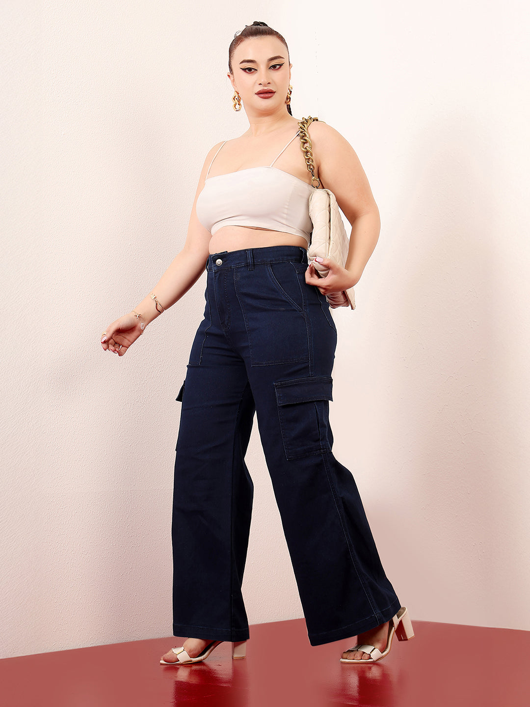 Women's Navy Blue Wide-Leg High-Rise Clean-Look Stretchable Denim Cargo Jeans