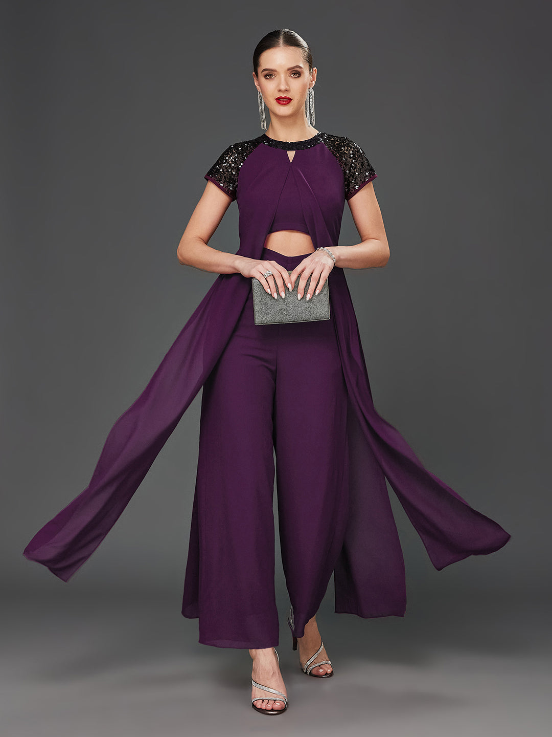 Women's Purple Solid Round-Neck Raglan-Short Sleeves Sequin Panel Layered Embellished Polyester Jumpsuit