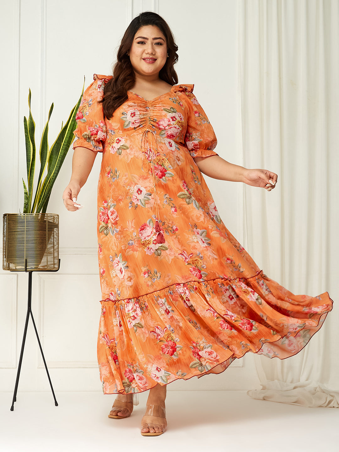 Women's Multicolored-Base-Orange V-Neck Puff Sleeve Floral Ruching Ankle-Length Dress