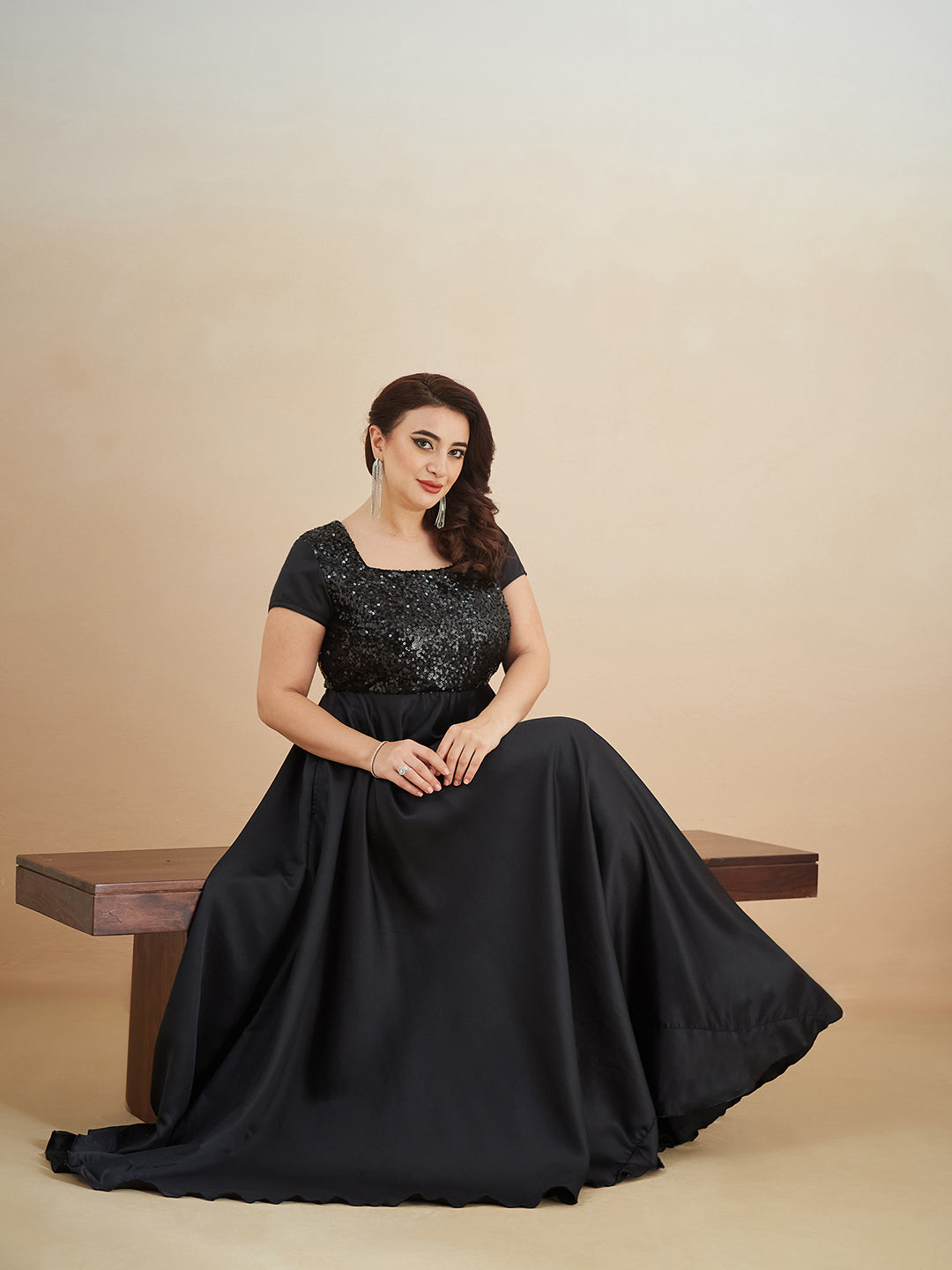 Women's Black Square Neck Short Sleeve Embellished Polyester Fit & Flare Maxi Dress