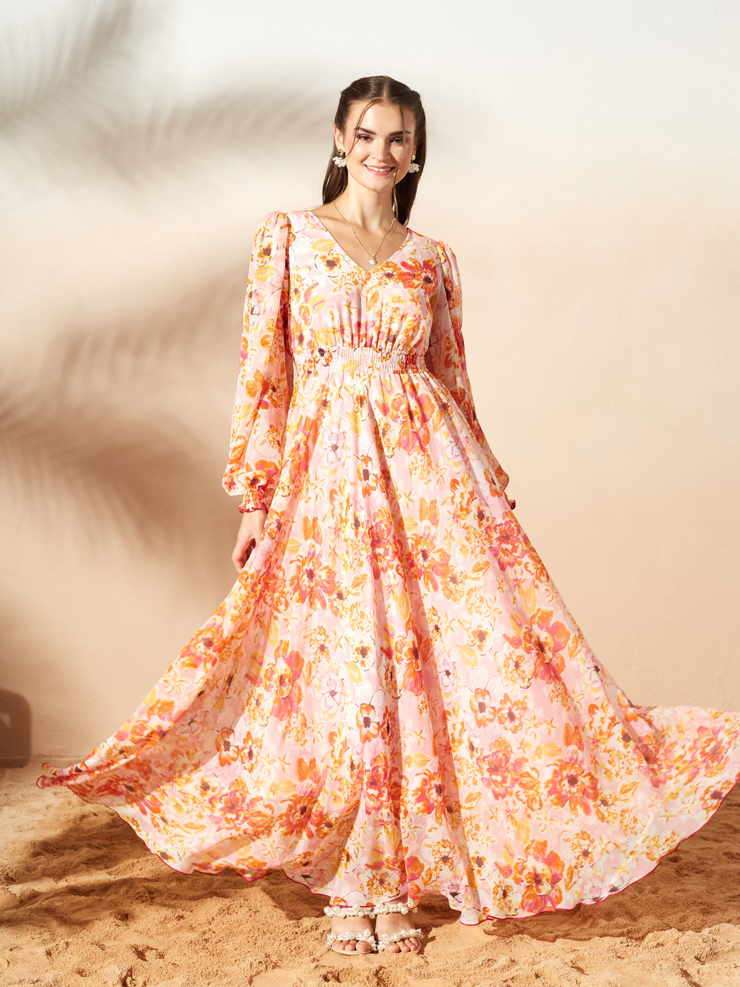 Orange Full Sleeves Floral Printed Fit and Flare Dress for Women