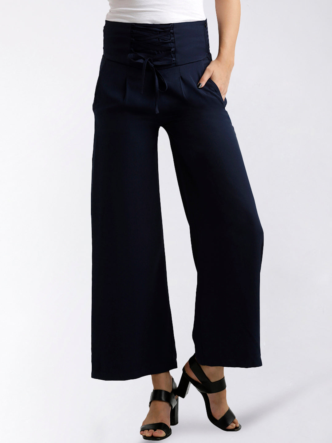 Women's Navy Blue Solid Straight Fit Criss Cross Detailing Waist Tie-Up Pant