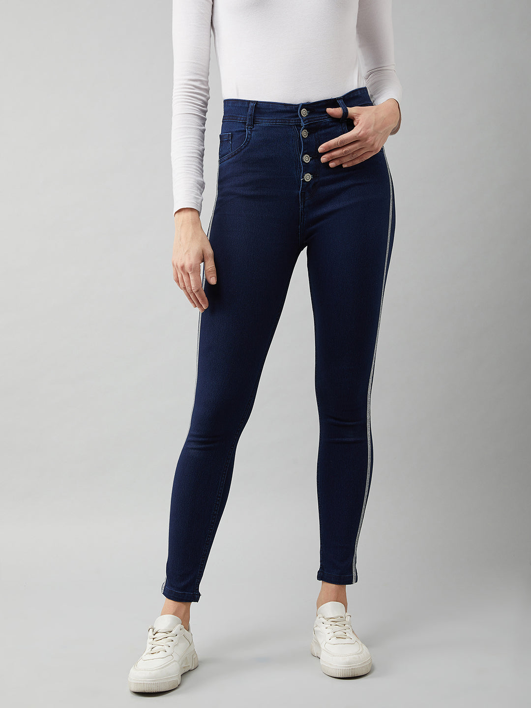 Women's Navy Blue Cotton Skinny Fit Relaxed High Rise Stretchable Denim Jeans