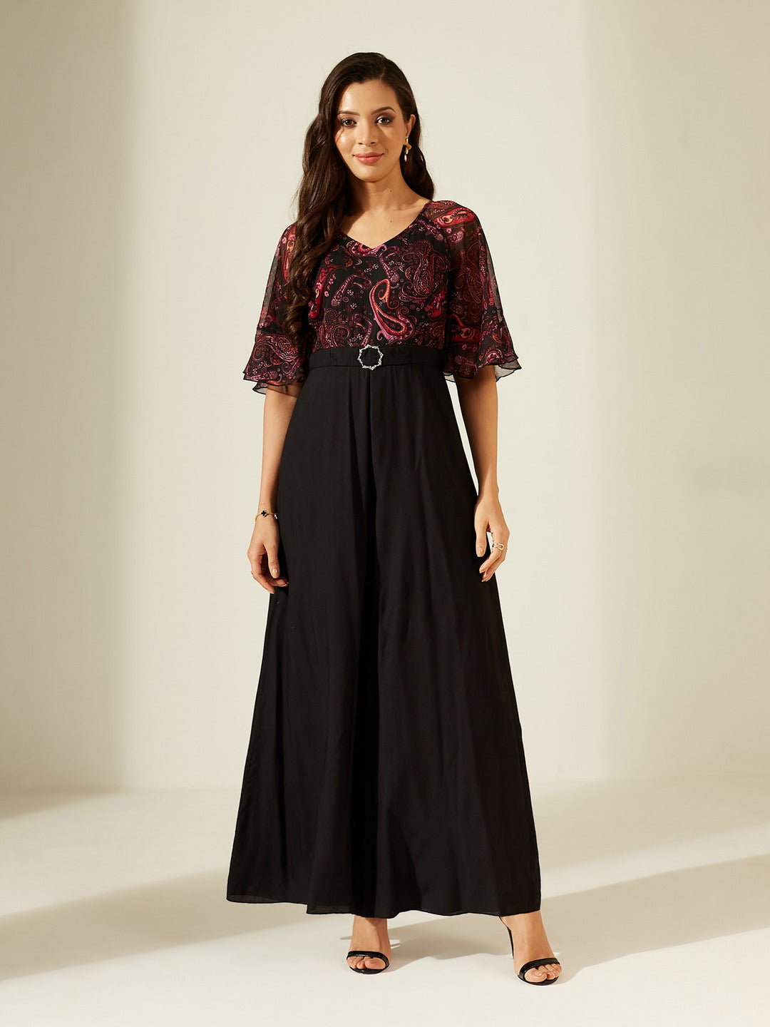 Pink and Black V-Neck Ruffled Sleeve Wide-Leg Printed Jumpsuit for Women for Women