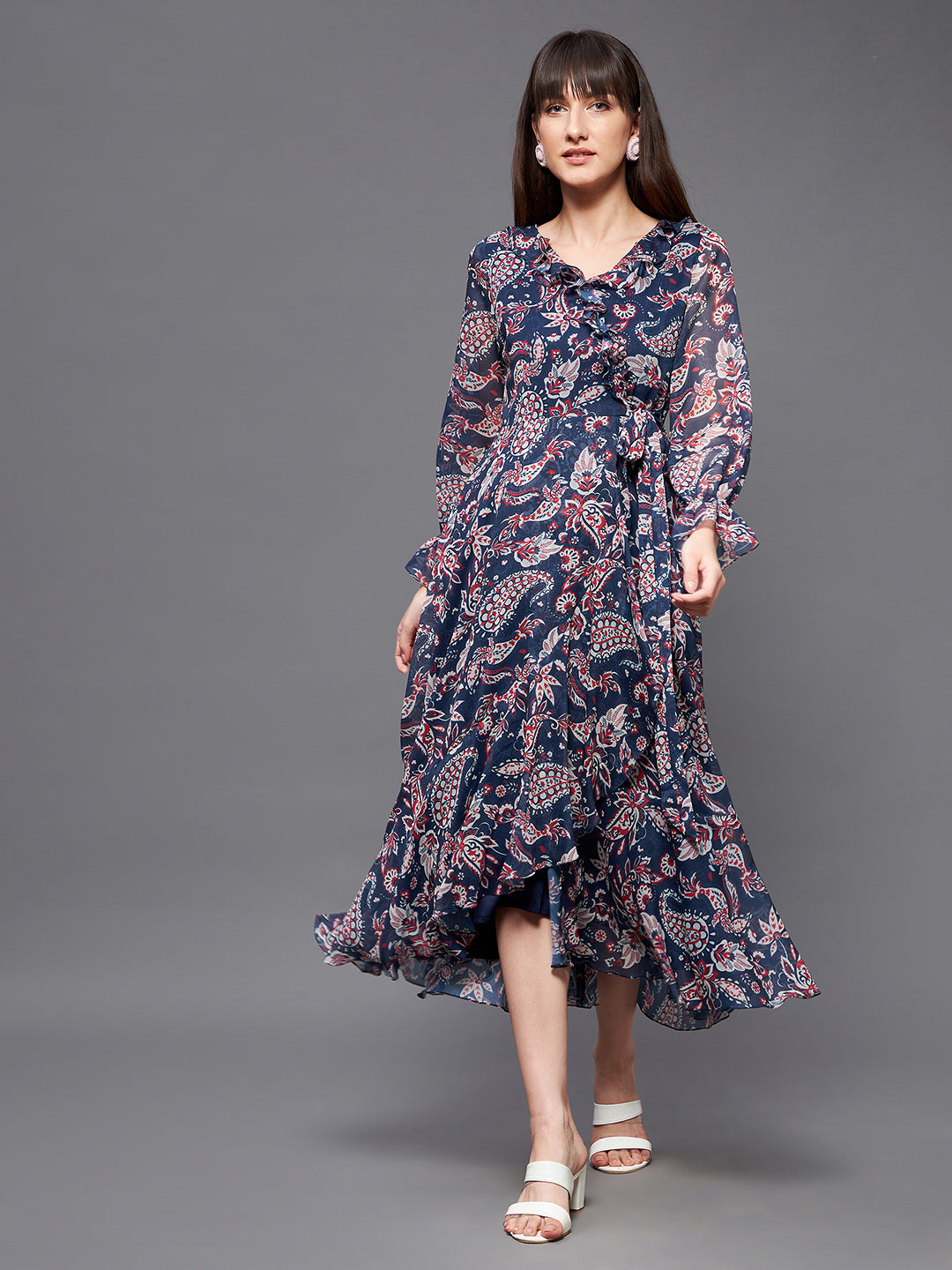 Women's Multicolored-Base-Navy Blue V Neck Full Sleeves Polyester Relaxed Fit Midi Length Dress