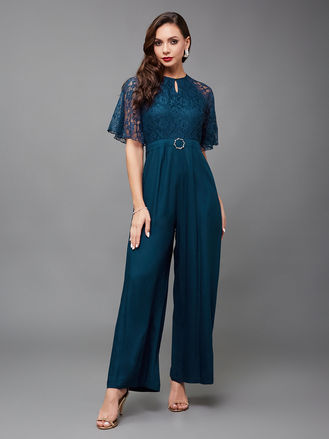 Women's Teal Round Neck Flared Sleeve Floral Raglan Regular Jumpsuit