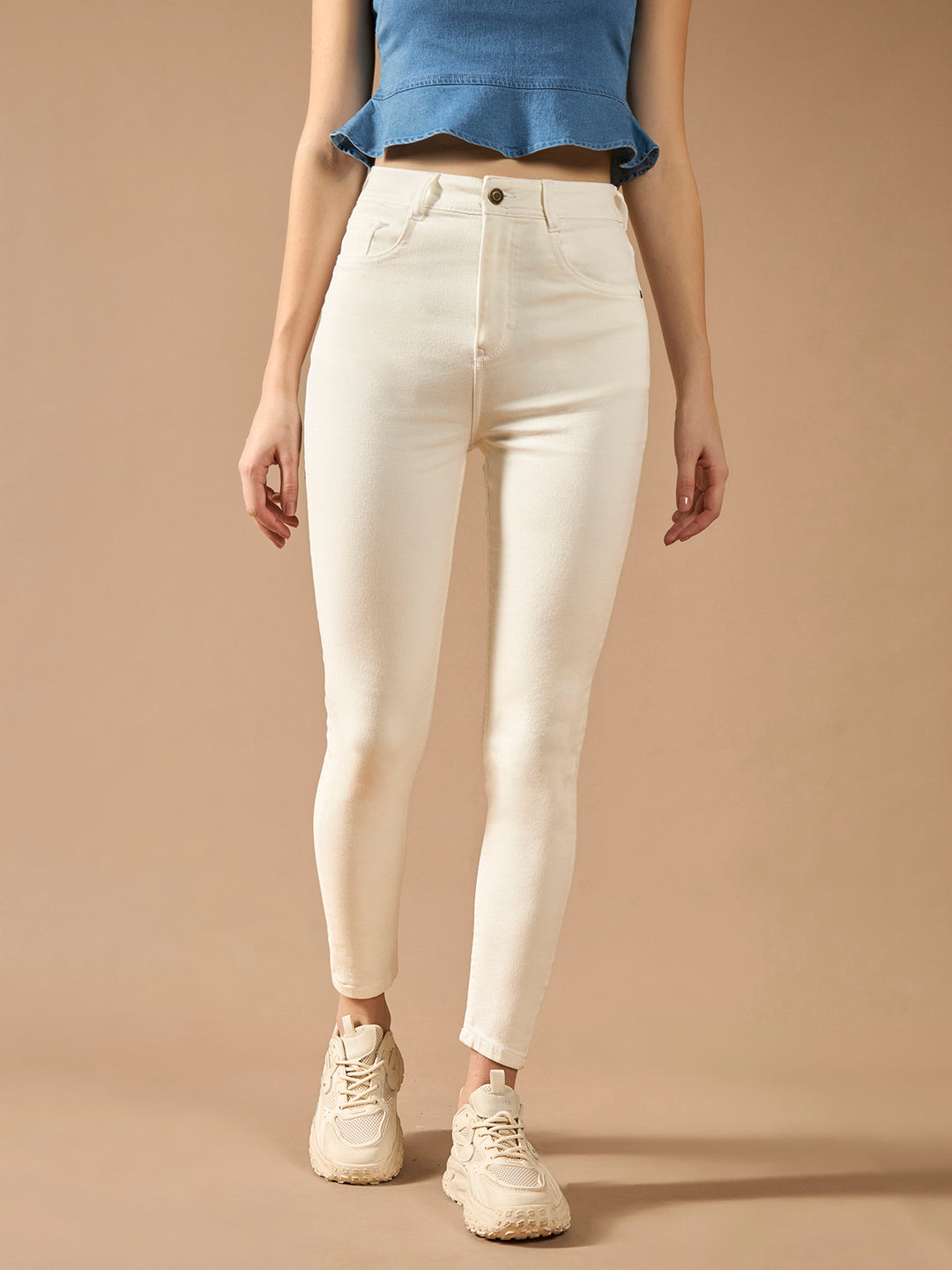 Women's White Skinny Mid-Rise Clean-Look Bleached Regular-Length Stretchable Denim Jeans