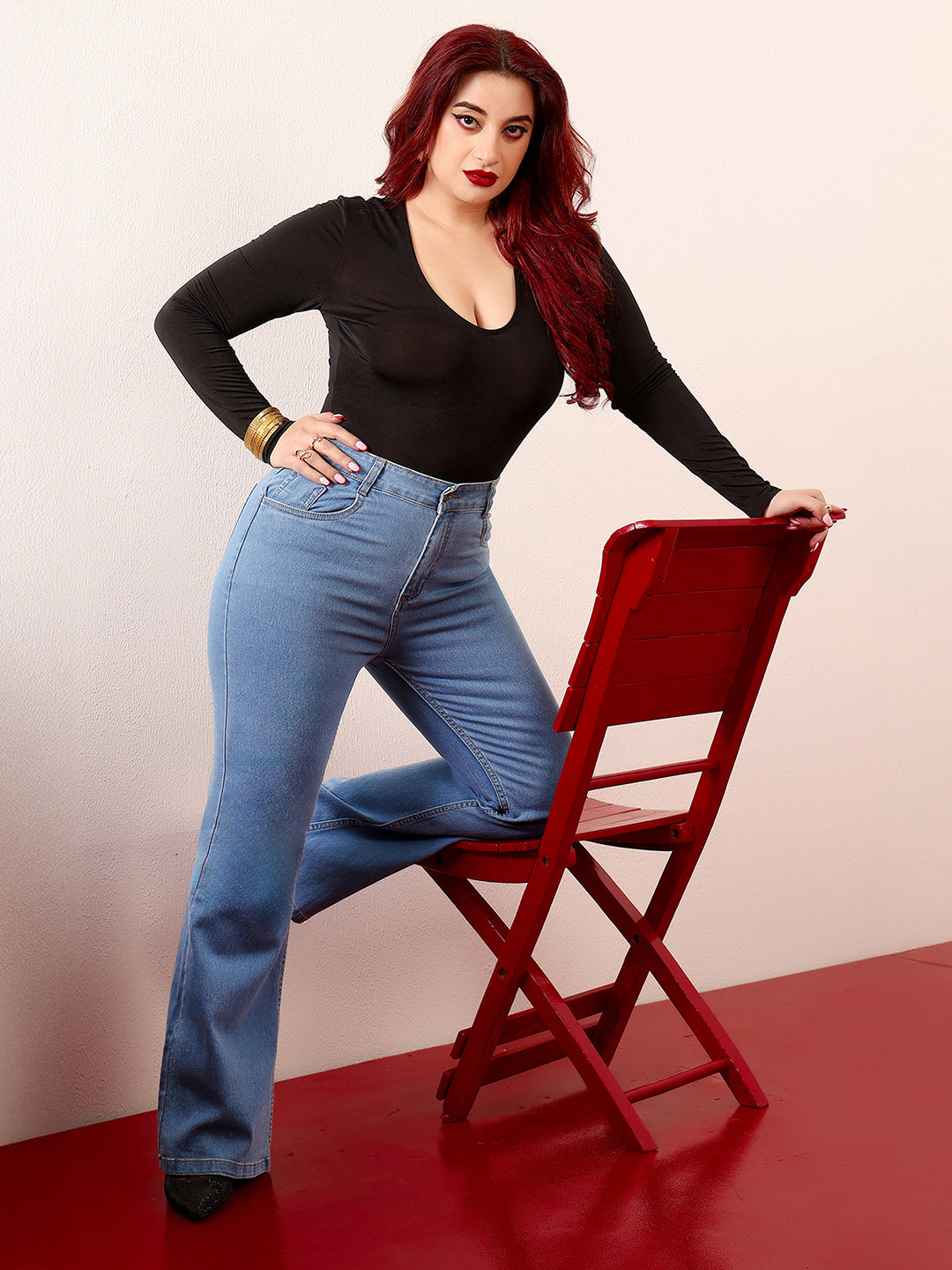 Women's Light Blue Bootcut High-Rise Clean-Look Stretchable Denim Jeans