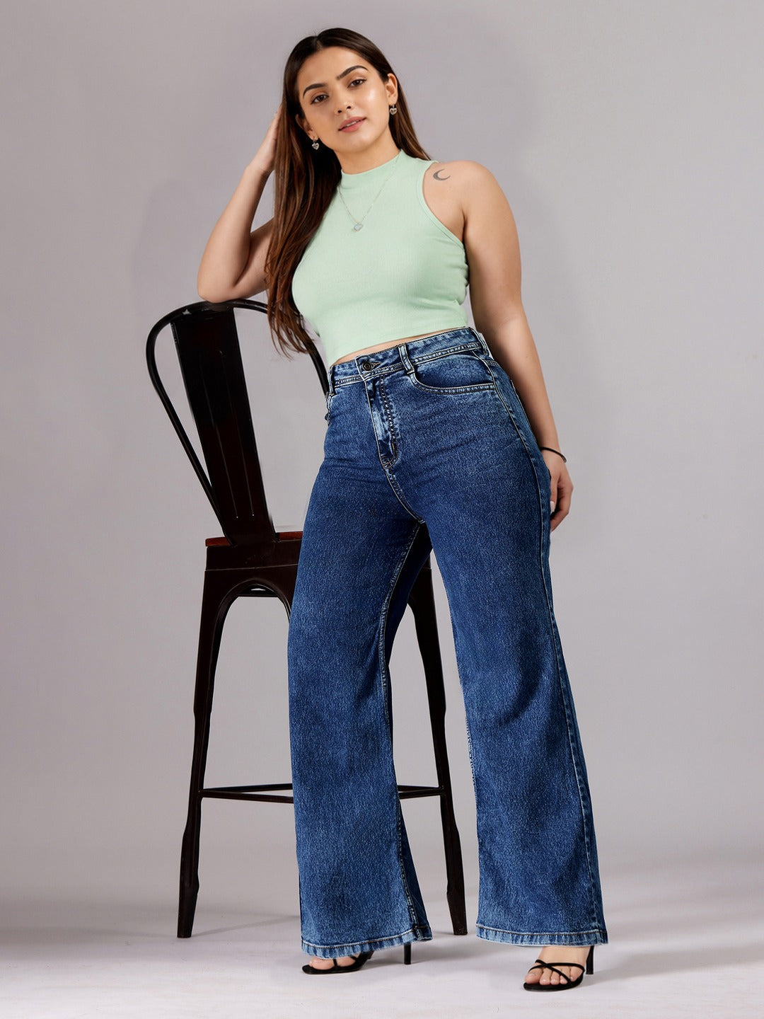 Mid Blue Wide-Leg High-Rise Stretchable Denim Jeans for Women