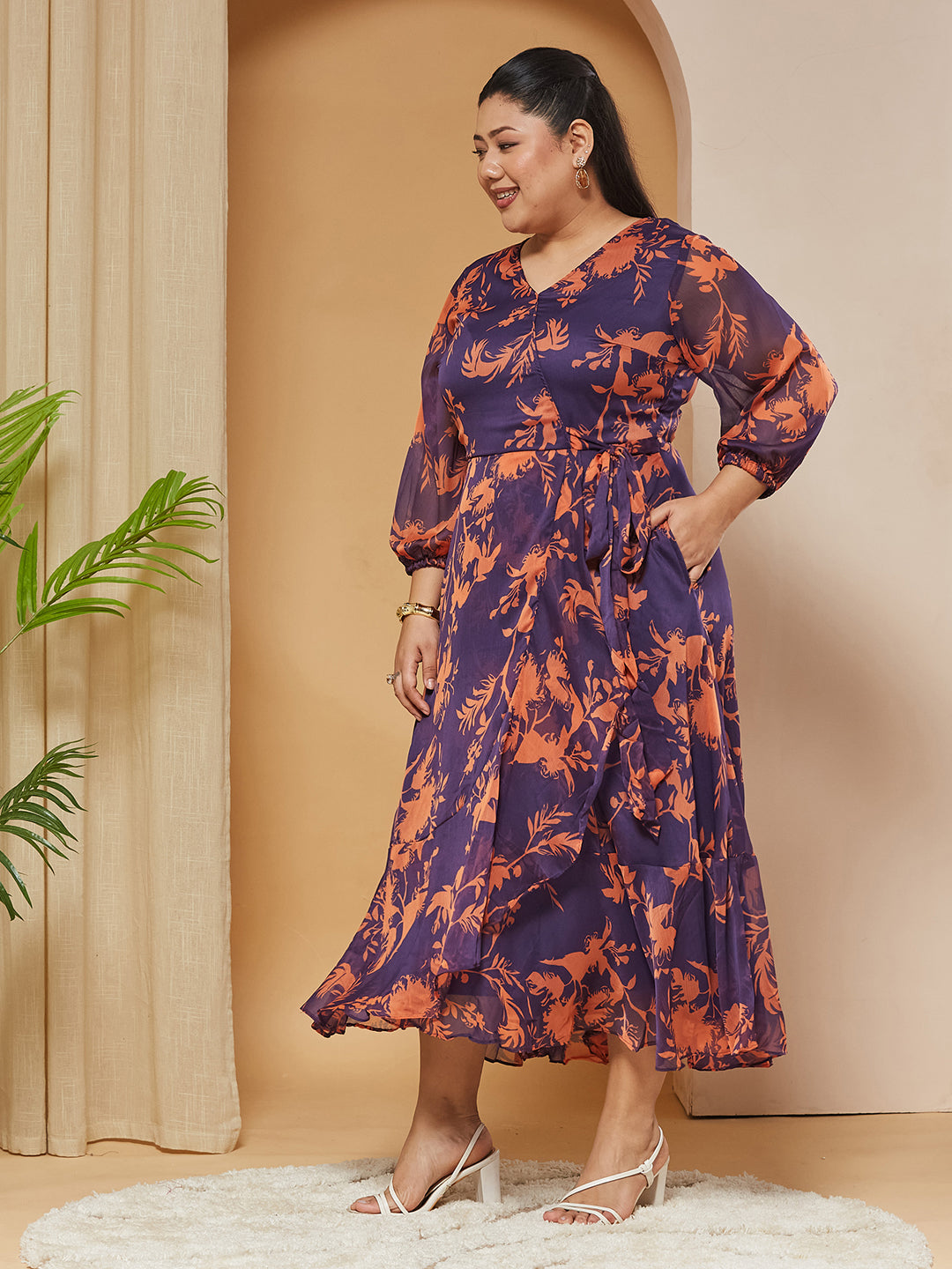 Multicolored-Base-Purple V-Neck Three-Quarter-Sleeves Floral Wrap Chiffon Midi Dress for Women