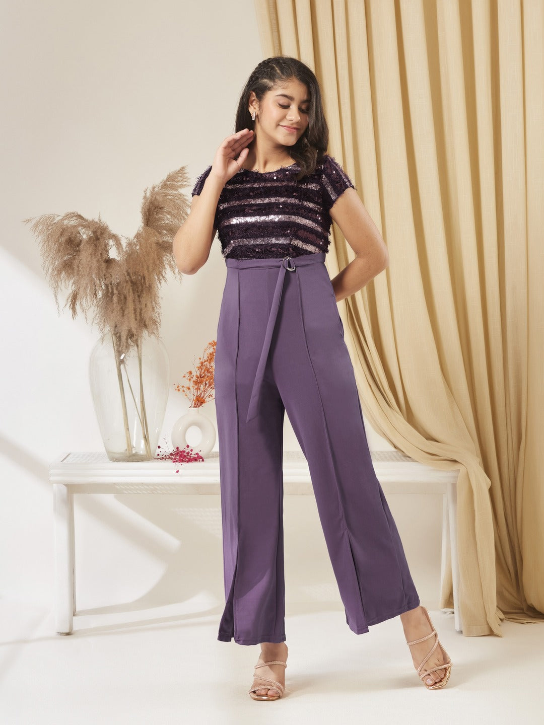 Purple Round Neck Short Sleeve Embellished Front Slit Fringed Regular Jumpsuit for Girls/Teenagers