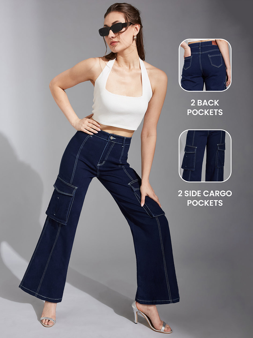 24/7 Comfort Women's Navy Blue Wide leg High rise Regular Stretchable Baggy Denim Jeans